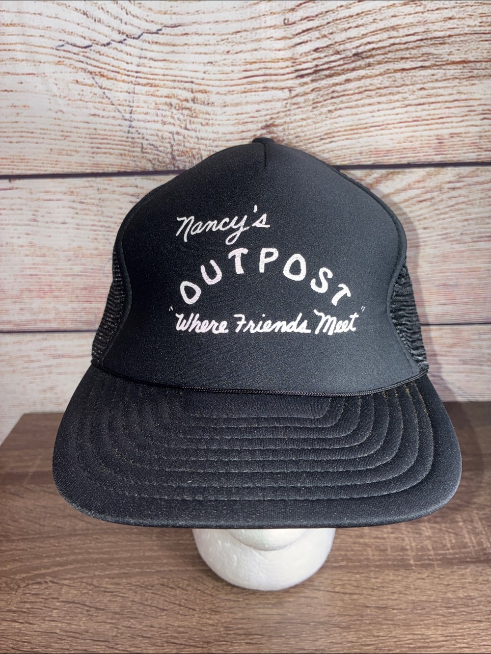 VTG Nancy's Outpost Black Trucker Hat - "Where Friends Meet" San Sun